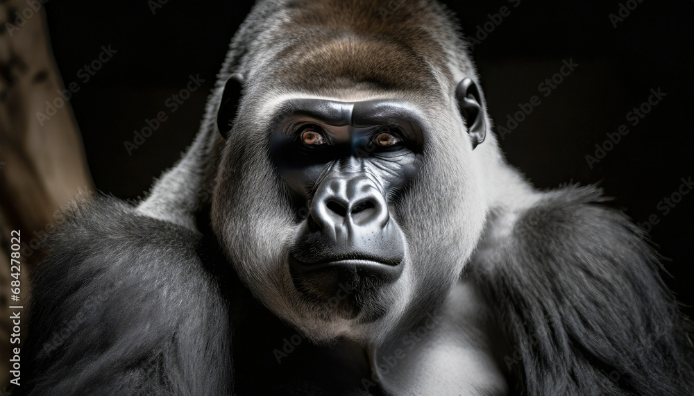 Closeup of the face of an adult gorilla