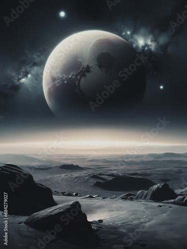 illustrazione di scuro e desolato pianeta alieno, sullo sfondo grande luna e spazio infinito © divgradcurl