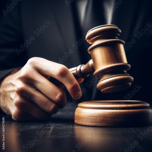 Close-up view of a judge's gavel being struck on a wooden block, with the hand holding the gavel in focus.