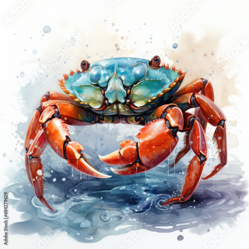watercolor crab, blue shell, orange claws, water clip art preview