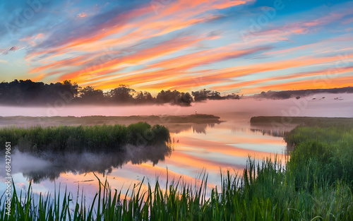 Ethereal Dawn, A Captivating Sunrise Blanketing a Mist-Laden Marshland in Radiant Hues