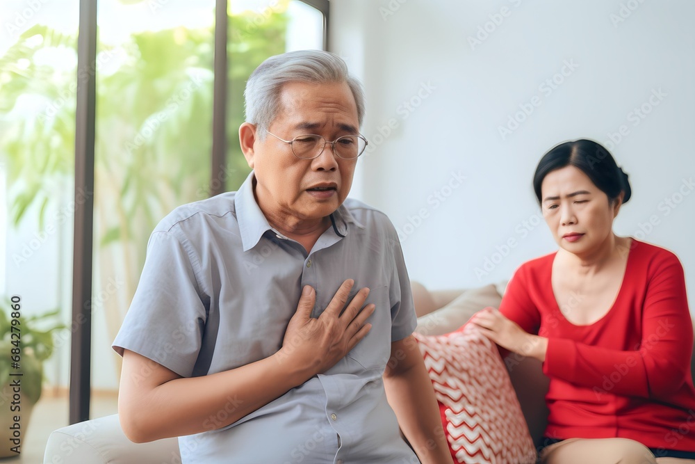 Retired Asian senior husband holding chest pain due to heart attack accompanied by wife being treated at home Retired Asian senior husband holding chest pain due to heart attack accompanied by wife being treated at home