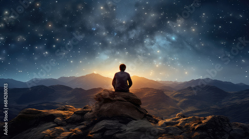A man sitting on top of mountains starry night