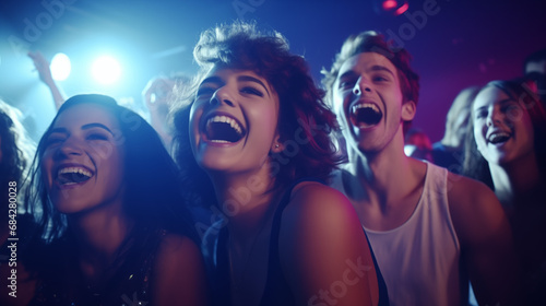 a group of young people at a concert or party having lots of fun. Laughing. Joy. Smiling