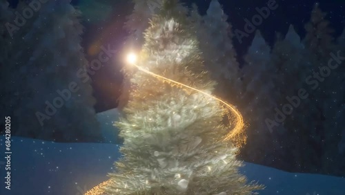3D Animated Scene Of Fireworks Spirals To The Top Of Decorated Illuminated Christmas Tree.