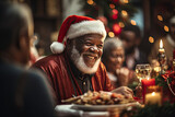 Festive Christmas dinner with joyful African American senior in Santa hat holiday celebration with family warmth and happiness