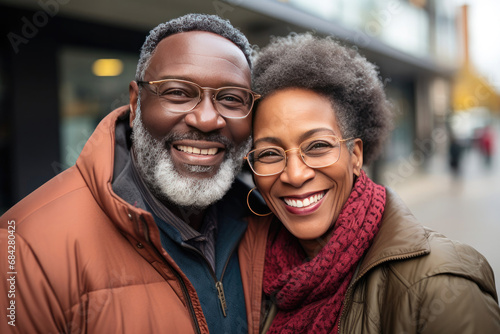 Happy middle-aged African-American couple embracing in an urban setting showcasing love companionship and casual winter fashion