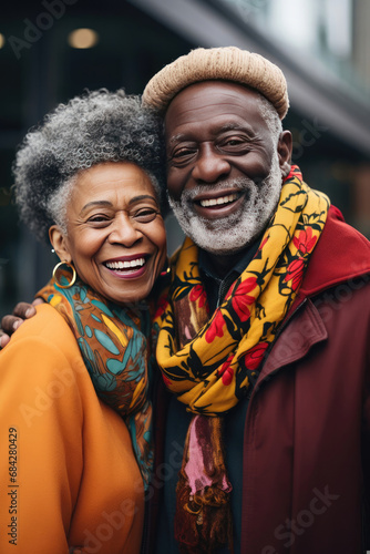 Stylish elderly African American couple sharing a joyful moment showcasing love and togetherness in urban lifestyle suitable for fashion and lifestyle industry