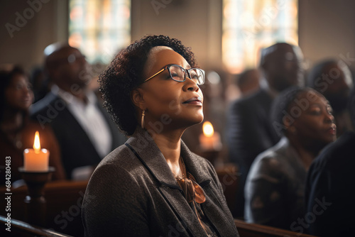 Mature African American woman praying in church capturing spirituality faith community and serene atmosphere suited for religious and inspirational themes