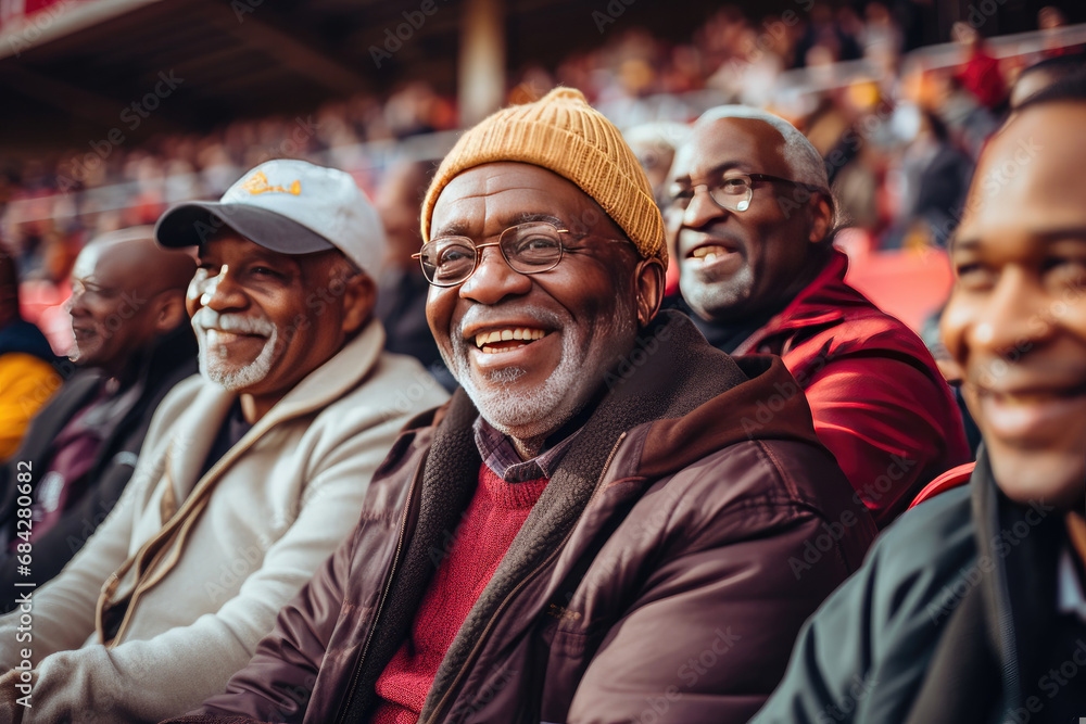 Group of joyful African American senior friends enjoying an outdoor sporting event sharing laughter and companionship