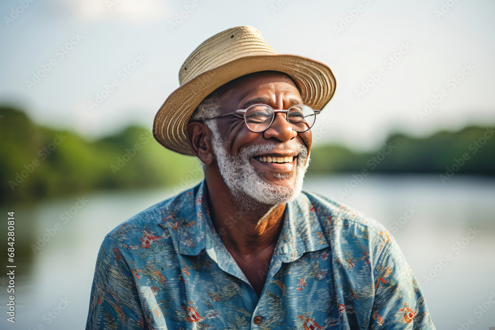 Joyful senior African American man with glasses and hat smiling by the lake perfect for lifestyle and retirement concepts