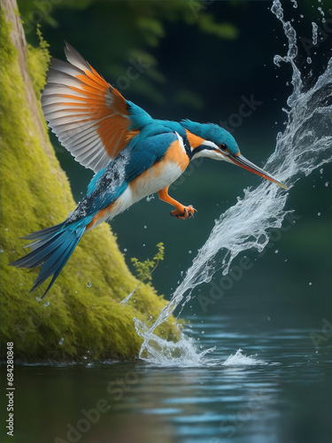 A beautiful kingfisher fishes in a pond Generative AI
