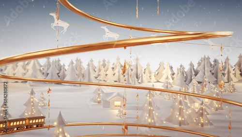 3D Rendered Animated Train Whooshing On Golden Christmas Tree Shale Spiral Revealing Snowflake Atop.