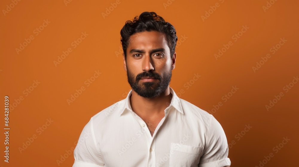 Obraz premium Contemplative South Asian Man on Orange Background.