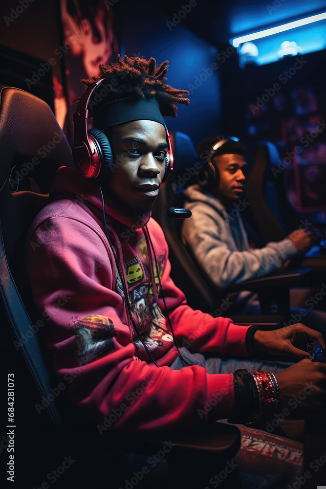 Young adults of African descent enjoying an intense gaming session represents leisure technology and modern lifestyle in the entertainment industry