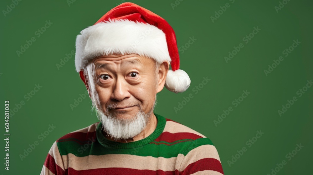 Naklejka premium Kind Elderly Man in Santa Hat on Green Background.