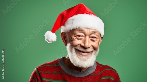 Kind Elderly Asian Man in Santa Hat on Green Background.