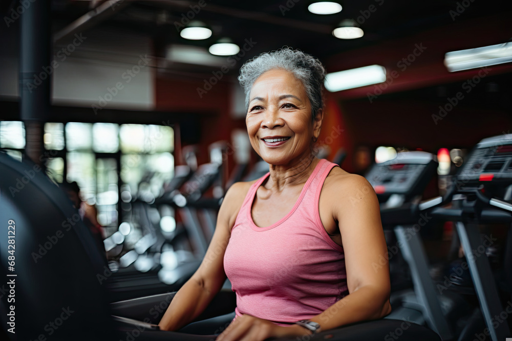 Smiling senior Asian woman exercising at the gym showcasing active lifestyle and wellbeing suitable for health and fitness industry