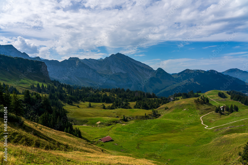 Panoramic view of Swiss mountains and Lake Lucerne.