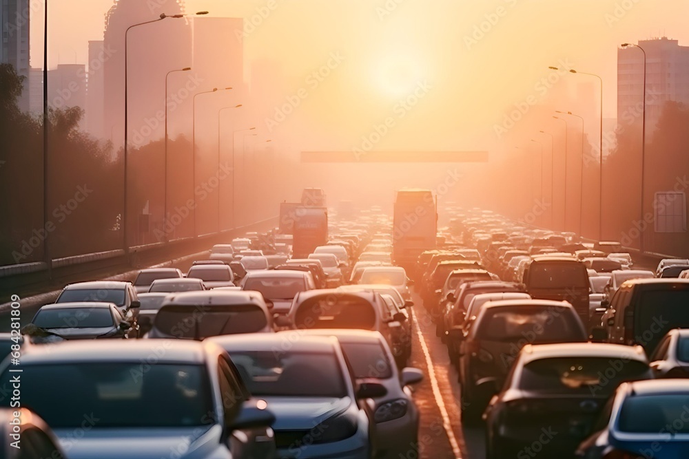view of cars stuck in traffic jams on city roads covered in pollution