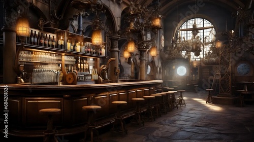 Atmospheric interior of an old alcohol bar  large space