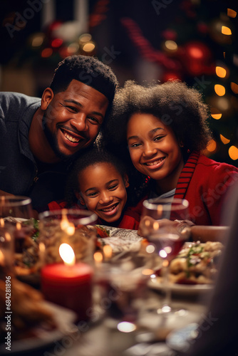 Happy African American family enjoying festive Christmas dinner together portraying joy love and togetherness ideal for holiday-themed advertising