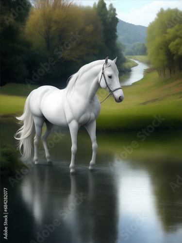 A beautiful white horse is standing by a river Generative AI