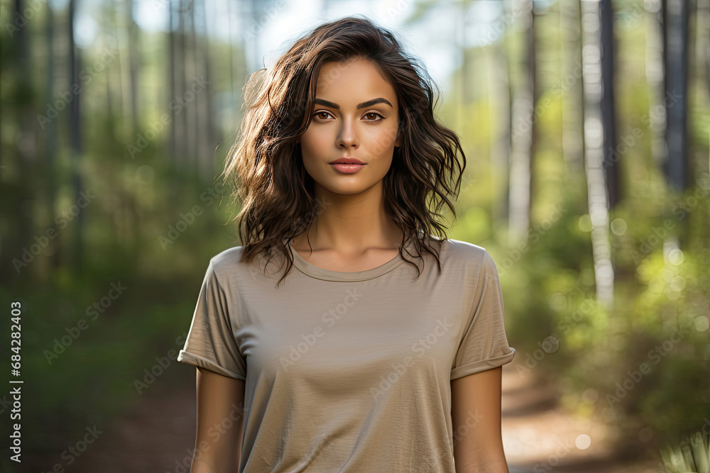 Young woman enjoying a serene moment in a sunny forest ideal for wellness and lifestyle themes