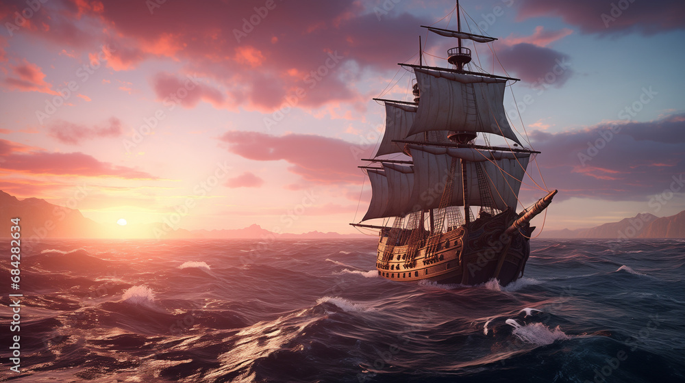 A galley ship sailing across the sea with waves at sunset, under a sky of pink and purple clouds. Epic adventurous scene for a story of pirates, treasures, exploration, and conquests for a wallpaper
