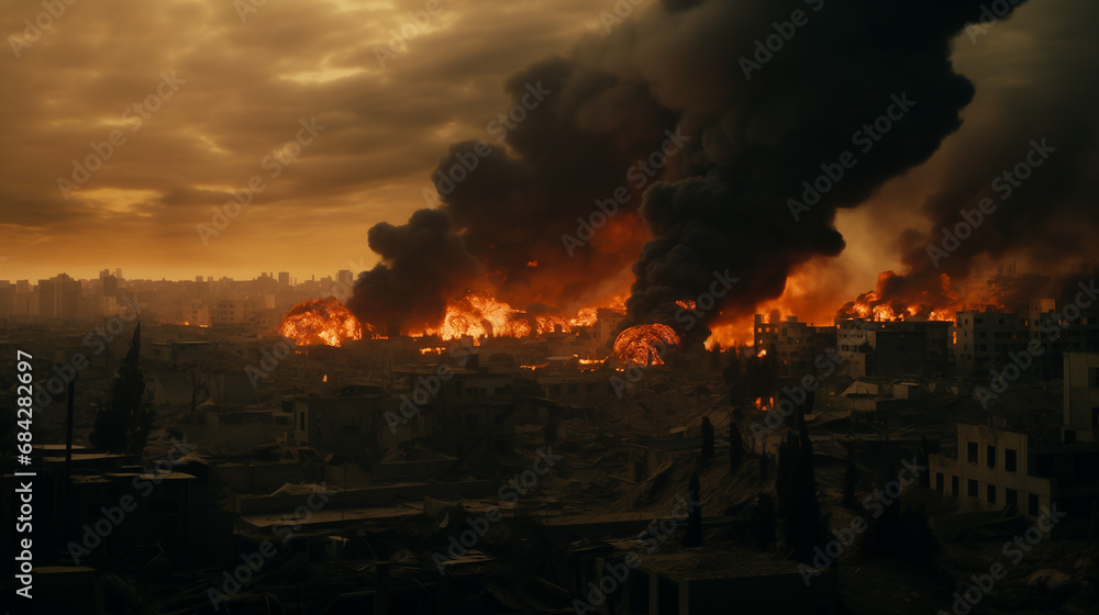 Middle Eastern city being engulfed in flames due to Arab revolutions, with fire and black smoke at sunset. War scenario with the light of dusk