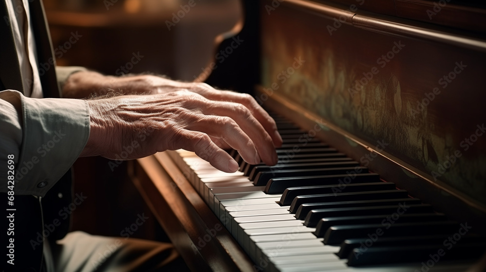 Close-up of the hands of an elderly gentleman, playing the white and black keys of an old piano, creating music.