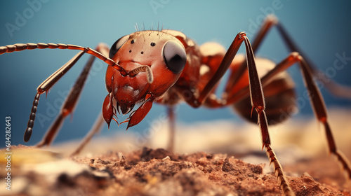 Giant red ant with legs, fur, eyes, and mouth. Mutant insect on the ground isolated against a blue background, seen up close