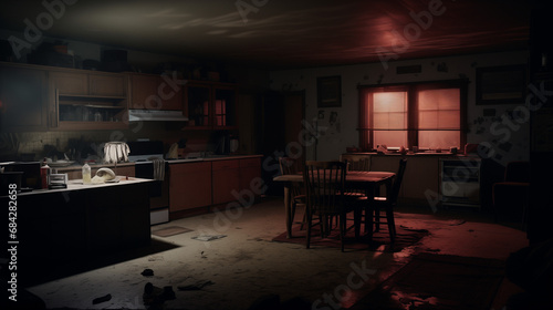 An eerie and spooky kitchen scene with a red glow and a chair. Abandoned and dilapidated room with old furniture and appliances. Crime scene with a horror atmosphere. 