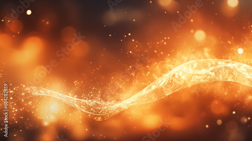 Organic fire wave effect with sparkling light and bright golden particles, against a background of softly blurred warm lights. Magical wallpaper.