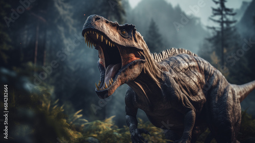 3D rendering of a roaring Tyrannosaurus rex dinosaur in a misty forest with detailed textures, lighting effects, and a cinematic sense of atmosphere, photo