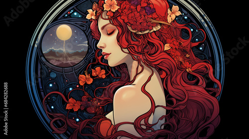 digital illustration of the profile of a woman with long red hair wit flowers, in front of a circular background with a night sky and a full moon. Background for mystical wicca ritual in art nouveau. photo