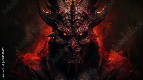 Portrait of the Malevolent with horns and red eyes smiling, surrounded by red flames. Diabolical creature representing evil © Domingo
