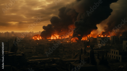 Middle Eastern city being engulfed in flames due to Arab revolutions, with fire and black smoke at sunset. War scenario with the light of dusk