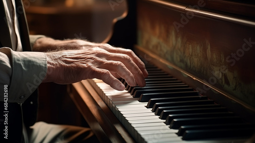 Close-up of the hands of an elderly gentleman, playing the white and black keys of an old piano, creating music.