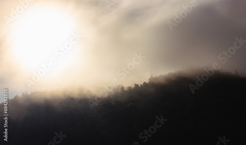 Fog in winter mountains. Sun rays through haze on the top of evergreen mountains. Dramatic morning landscape in woods. Mist in the forest. Foggy morning in the hills. Mysterious nature.