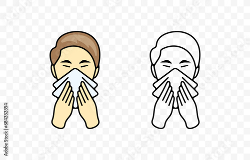 Sick man blowing her nose or sneezing into handkerchief, graphic design. Disease, illness, sickness, virus and treatment, vector design and illustration