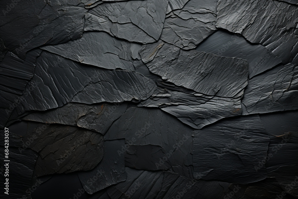 Deep black fabric with intricate patterns. Crumpled background resembling wrinkled paper. Smooth black leather surface. - obrazy, fototapety, plakaty 