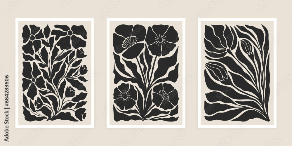 Abstract groovy floral poster set. Contemporary flower leaves design, botanical elements for print cut out style. Vector art