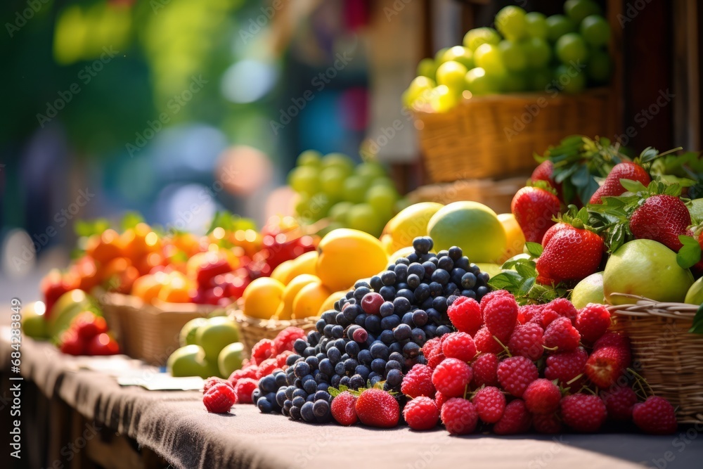 Seasonal fresh fruits at a street outdoor market, variety of organic local products - obrazy, fototapety, plakaty 