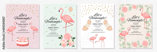 Flamingo party invitation.Baby shower invitations with flamingo cartoon character set.Birthday cards with cute animals.Wedding,Valentine's Day, baby shower,save the date,birthday.Vector illustration.