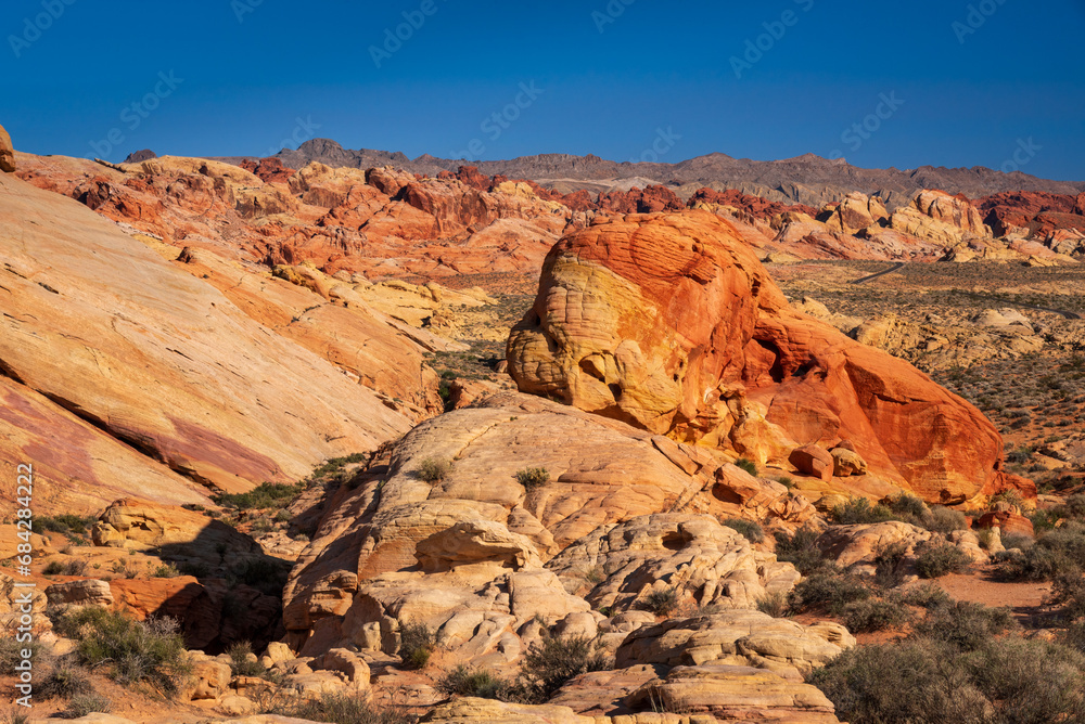 Valley of Fire State Park, Nevada, on a blue sky sunny day.