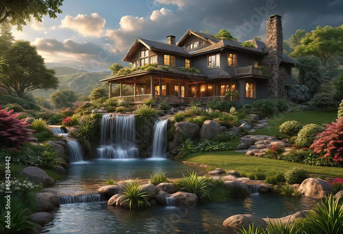 Beautiful landscape house in nature in the garden, outdoor living concept,