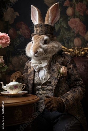 A anthropomorphic dapper rabbit in a top hat and monocle serves tea  © cristian
