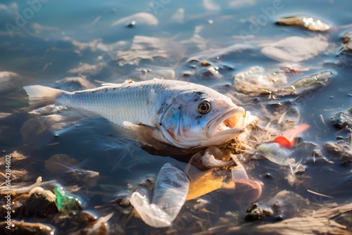 Fish in water polluted by plastic waste