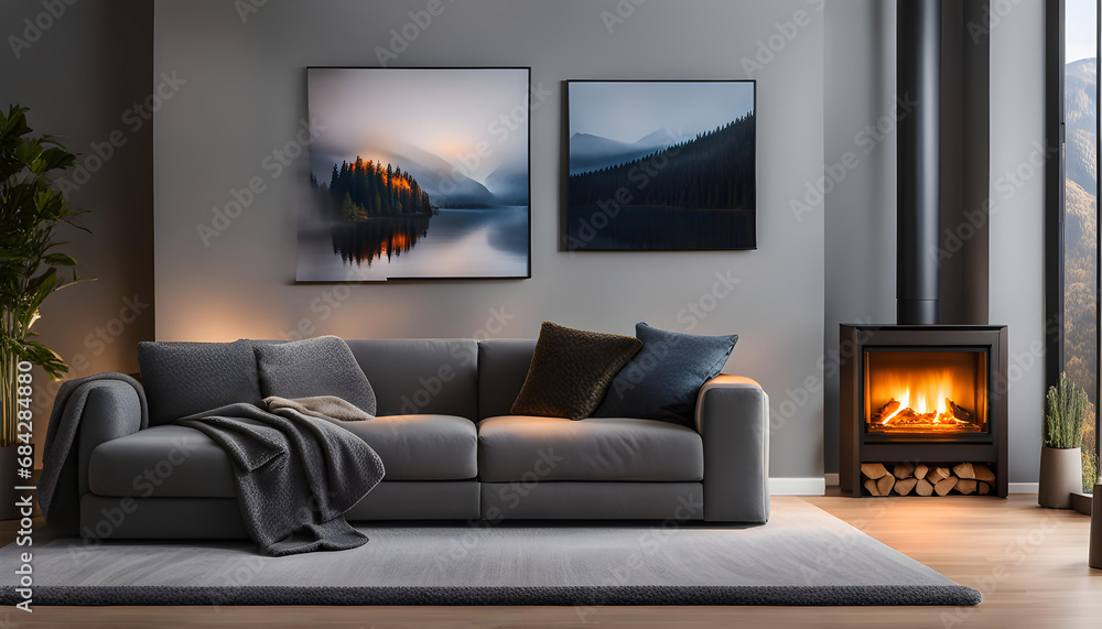 Interior design of a modern living room with a blanket on a gray sofa and pouf in a room with a fireplace. Hygge lifestyle, Interior design of a modern living room with a blanket on a gray sofa and pouf in a room with a fireplace. Hygge lifestyle,